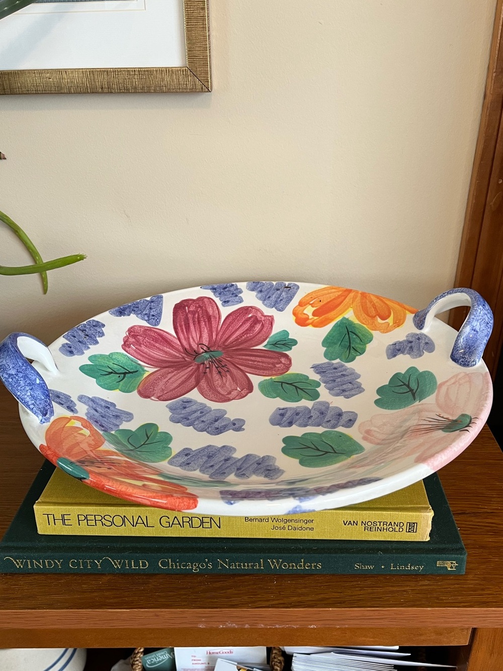 Hand-Painted Floral Ceramic Serving Bowl in White, Pink & Green